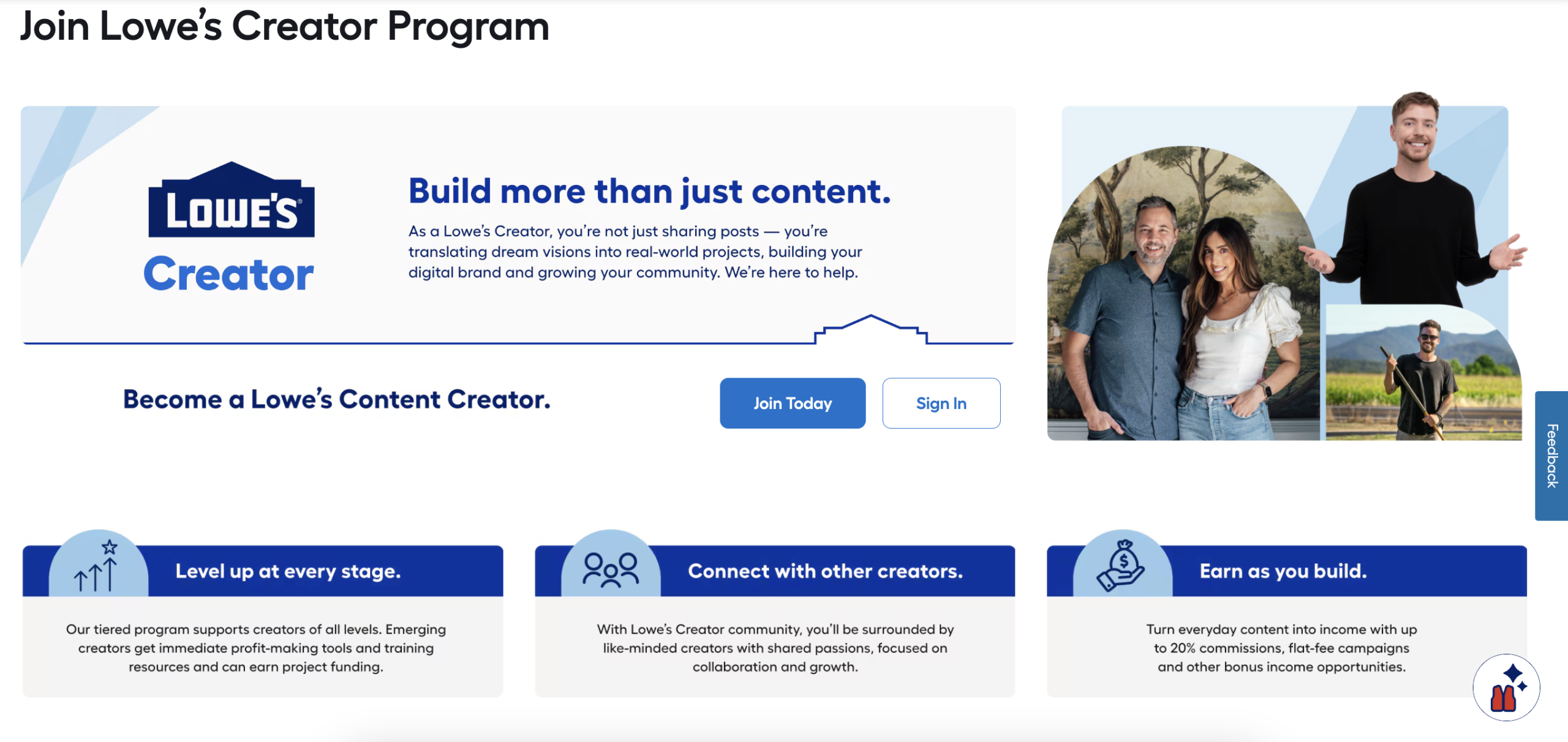 Main page of Lowe's creator program
