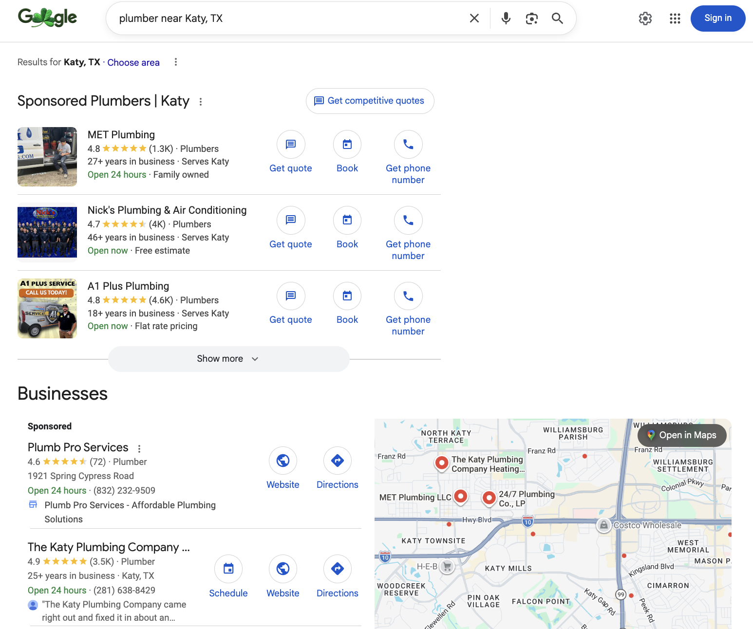 Examples of LSA and paid ads in plumbing vertical
